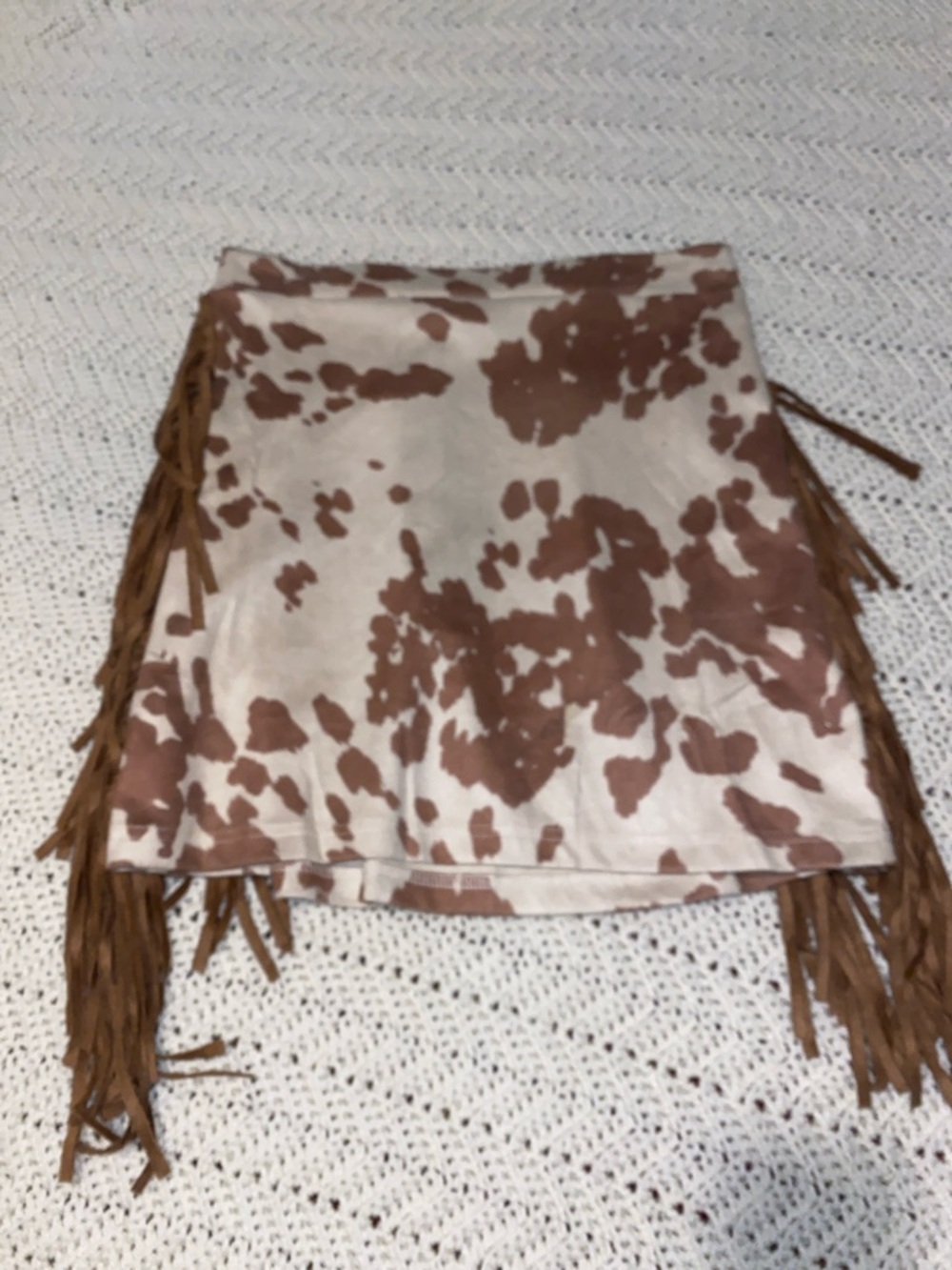 Cow Print Fringe Mini Skirt - Brown/White/Khaki color